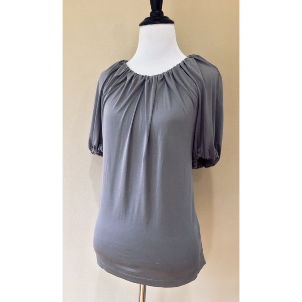 BR 100% Silk Grey Ruched Collar Short Sleeve Top